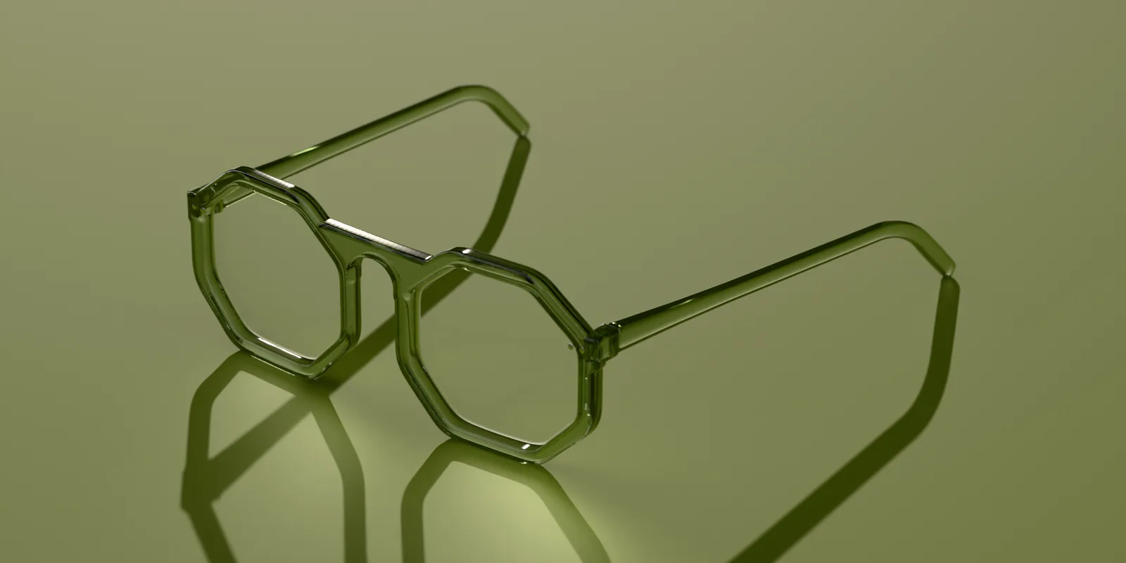 Elio octagon glasses in Sage crystal, in low sun on a sage ground
